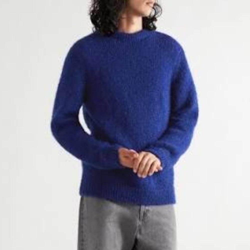 Nudie Jeans August Mohair Sweater Electric Blue Fuzzy Knit Mens Large